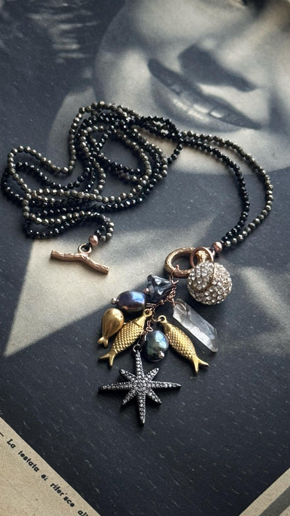 Black Choker with Spinel, Pyrite and Precious Pendants
