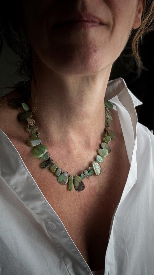 Collana Crisoprasio Naturale Verde - Gioiello Artigianale Oro Rosa Pezzo Unico