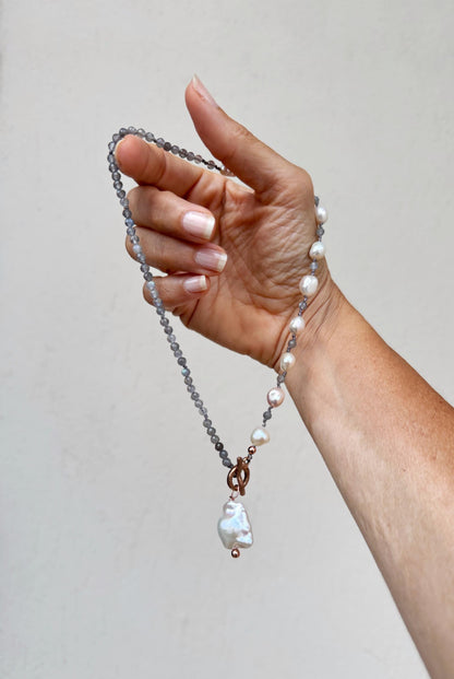 Baroque Pearl and Labradorite Necklace with Front Clasp - One-of-a-kind