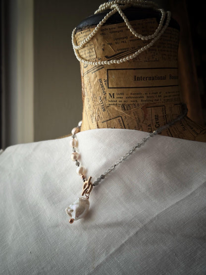 Baroque Pearl and Labradorite Necklace with Front Clasp - One-of-a-kind