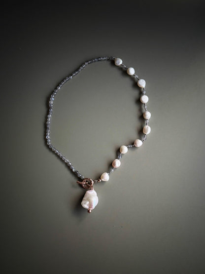 Baroque Pearl and Labradorite Necklace with Front Clasp - One-of-a-kind