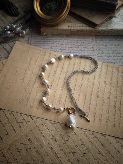 Baroque Pearl and Labradorite Necklace with Front Clasp - One-of-a-kind