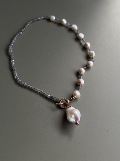Baroque Pearl and Labradorite Necklace with Front Clasp - One-of-a-kind