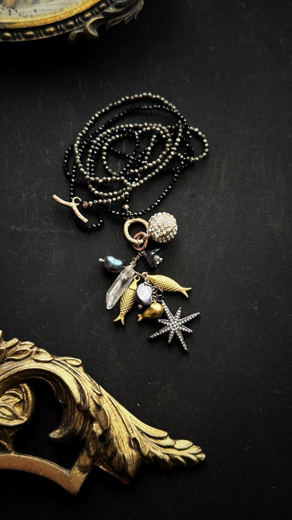 Black Choker with Spinel, Pyrite and Precious Pendants