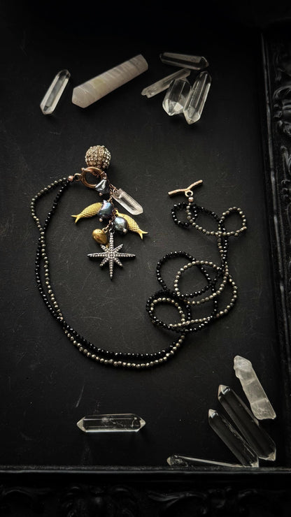 Black Choker with Spinel, Pyrite and Precious Pendants