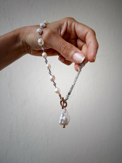 Baroque Pearl and Labradorite Necklace with Front Clasp - One-of-a-kind