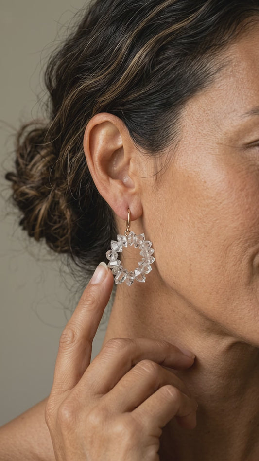 Rose gold hoop earrings with Herkimer diamonds and ear wires