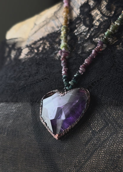Necklace with Tourmaline chips and Amethyst Heart | Natural Stones
