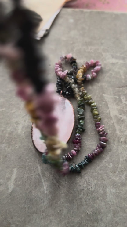 Necklace with raw tourmaline and large rose quartz