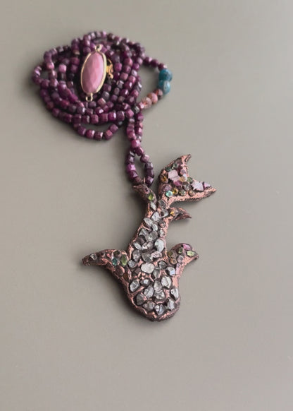 Long Necklace in Ruby Root with Herkimer, Tourmalines and Rhodochrosite