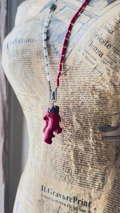 Necklace with coral, labradorite and a piece of antique rosary