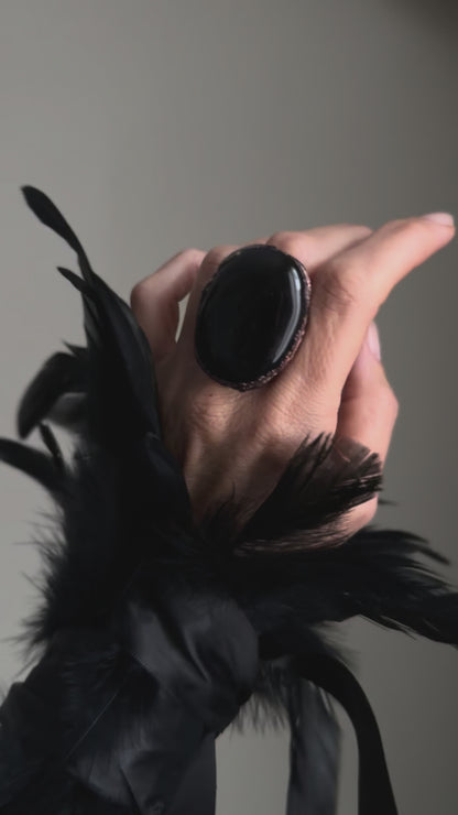 Oval Black Obsidian Wide Band Ring - Gothic Jewelry - size 10