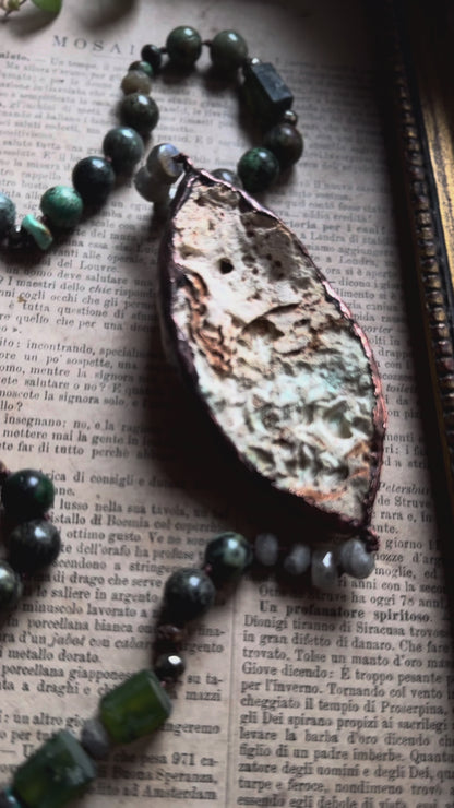 Necklace with quartz, turquoise and prehnite druse