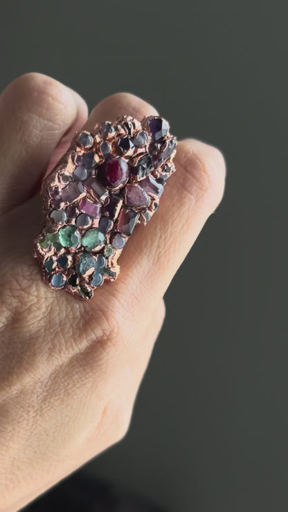 Polished Copper Ring with Rainbow Gemstone Pavé Size 7